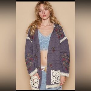 POL Embroidered Quilted Open Jacket